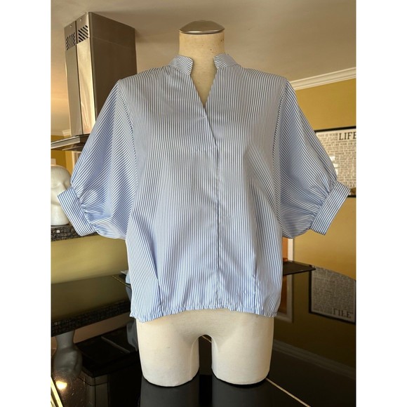 Blue & White Stripe Puff Sleeve Button Down Back Notch Collar Blouse - Picture 5 of 12